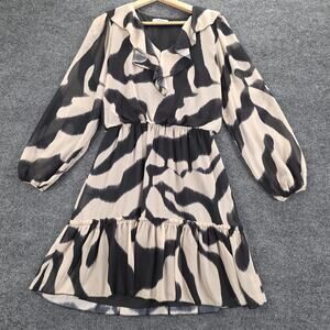 STEPS Dress Womens Medium Black Beige Animal Print Ruffle V Neck Tiered Hem